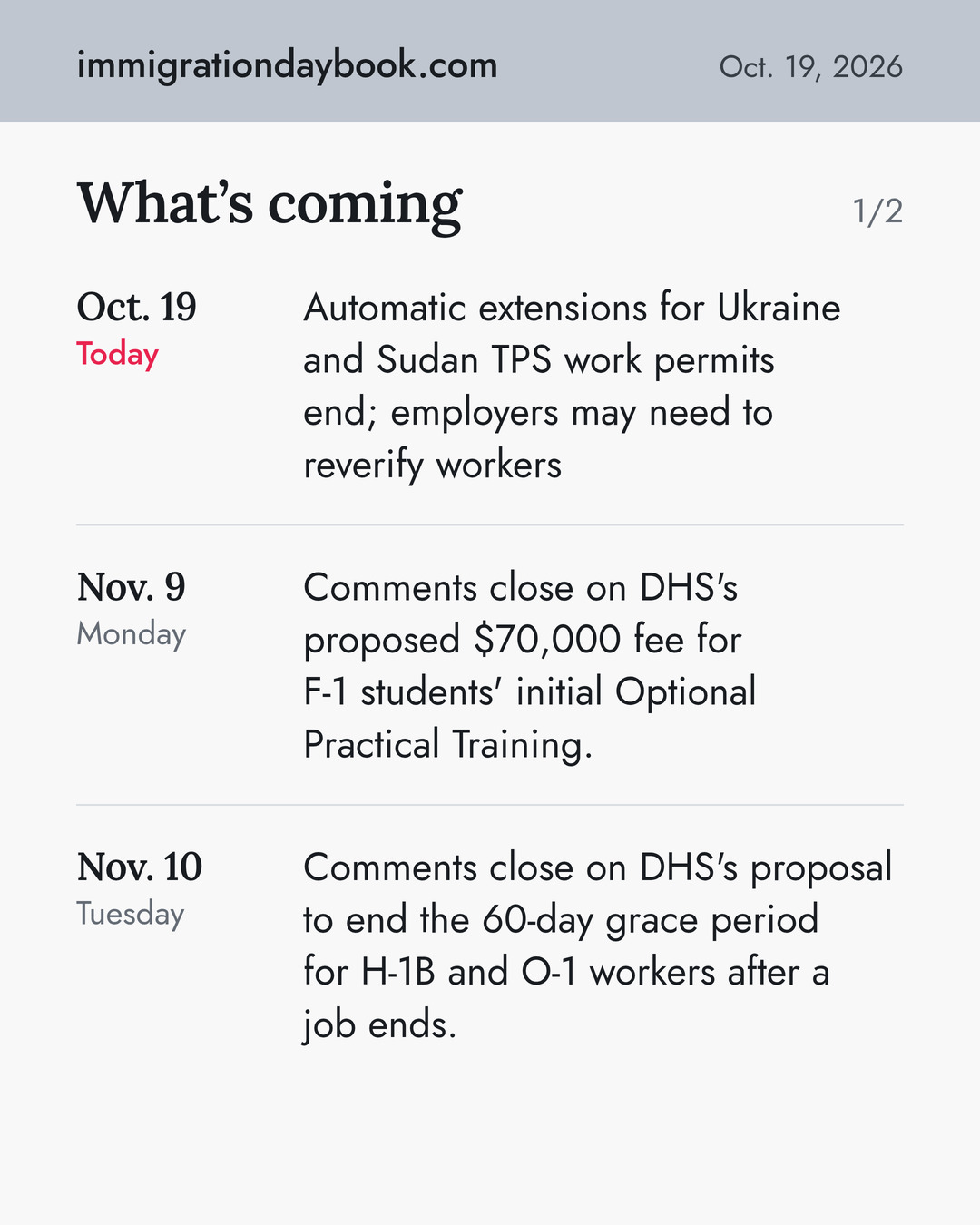 What’s coming. Oct. 19: Automatic extensions for Ukraine and Sudan TPS work permits end; employers may need to reverify workers. Nov. 9: Comments close on DHS's proposed $70,000 fee for F-1 students' initial Optional Practical Training. Nov. 10: Comments close on DHS's proposal to end the 60-day grace period for H-1B and O-1 workers after a job ends.
