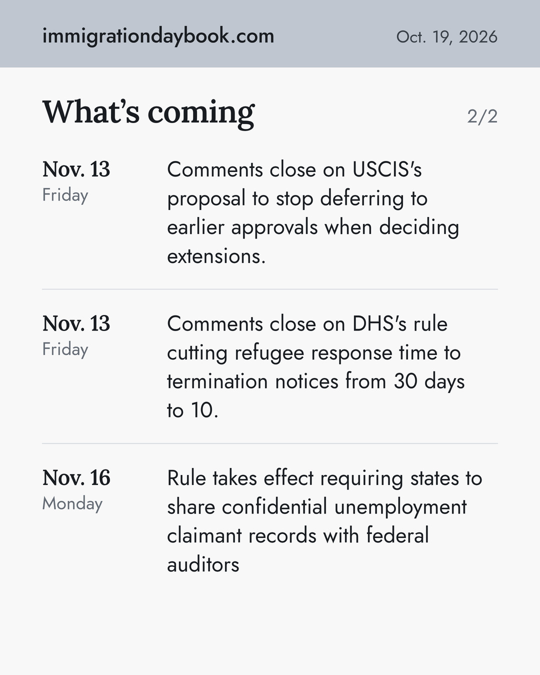 What’s coming. Nov. 13: Comments close on USCIS's proposal to stop deferring to earlier approvals when deciding extensions. Nov. 13: Comments close on DHS's rule cutting refugee response time to termination notices from 30 days to 10. Nov. 16: Rule takes effect requiring states to share confidential unemployment claimant records with federal auditors.