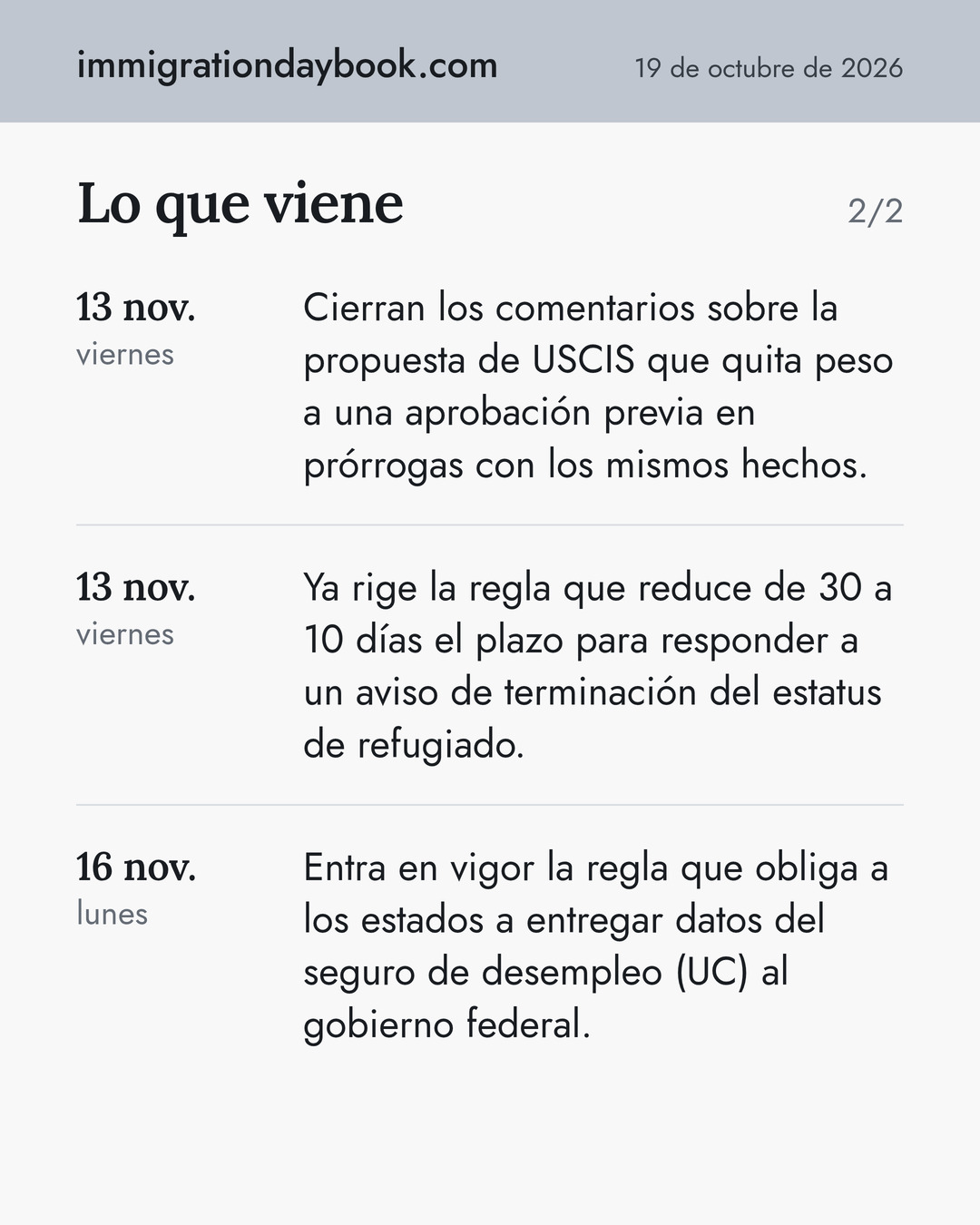 Lo que viene. 13 nov.: Cierran los comentarios sobre la propuesta de USCIS que quita peso a una aprobación previa en prórrogas con los mismos hechos. 13 nov.: Ya rige la regla que reduce de 30 a 10 días el plazo para responder a un aviso de terminación del estatus de refugiado. 16 nov.: Entra en vigor la regla que obliga a los estados a entregar datos del seguro de desempleo (UC) al gobierno federal.
