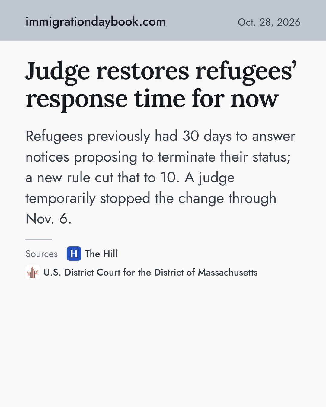 Judge restores refugees’ response time for now. Refugees previously had 30 days to answer notices proposing to terminate their status; a new rule cut that to 10. A judge temporarily stopped the change through Nov. 6. Sources: The Hill, U.S. District Court for the District of Massachusetts.