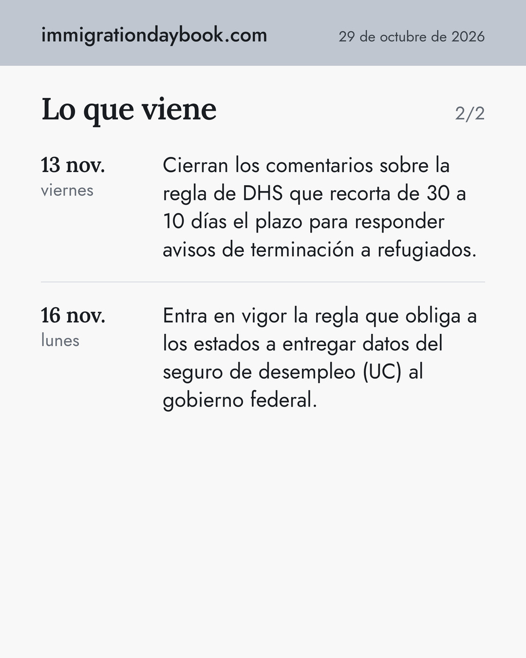 Lo que viene. 13 nov.: Cierran los comentarios sobre la regla de DHS que recorta de 30 a 10 días el plazo para responder avisos de terminación a refugiados. 16 nov.: Entra en vigor la regla que obliga a los estados a entregar datos del seguro de desempleo (UC) al gobierno federal.
